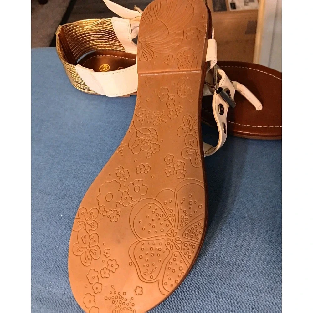 Palms Size 7.5 White And Gold Ankle Adjustable‎ Summer Sandal Shoes Flat